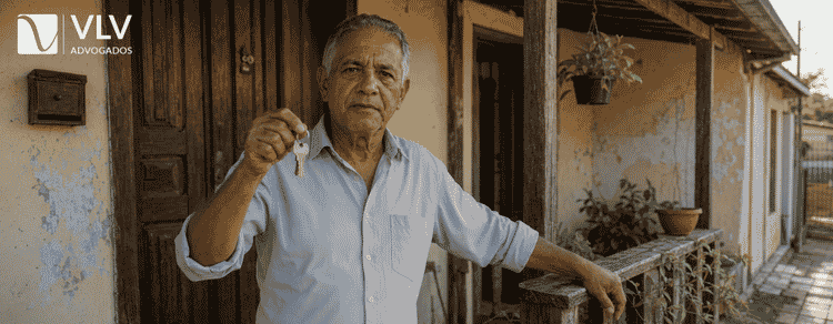 Homem segurando as chaves da casa de família herdada, representando a usucapião de imóvel de herança
