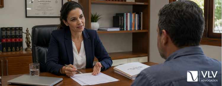 Pensão para ex: quando é obrigatória e quanto dura? 2 Advogada explicando documentos a um cliente sobre pensão para ex em escritório de advocacia