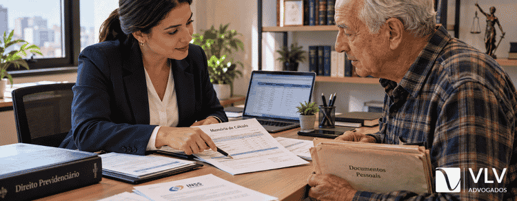 Advogada analisando a memória de cálculo da aposentadoria com um idoso no escritório