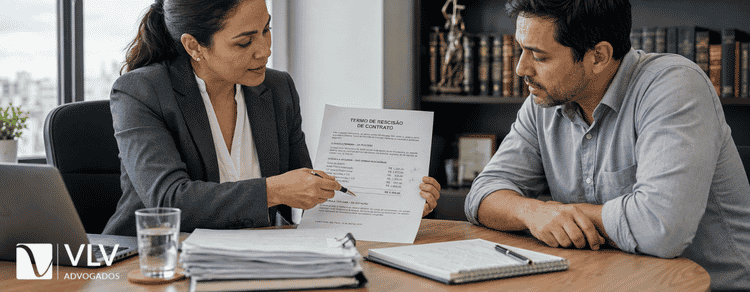Aviso prévio indenizado: quando é devido, como calcular e por que ele aumenta o valor da sua rescisão 3 Advogada trabalhista explicando os valores da rescisão ao cliente apontando o documento