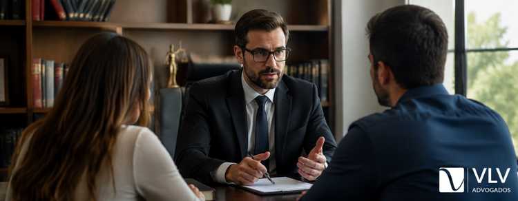 É possível fazer divórcio sem mudar sobrenome? 3 advogado consultando casal em escritório de Direito de Família, discutindo divórcio e mudança de sobrenome.