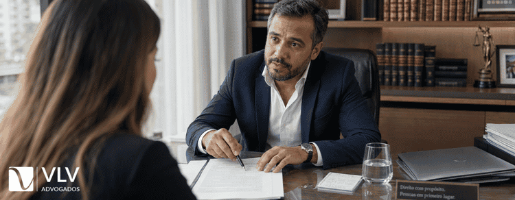 Advogado trabalhista explicando as verbas rescisórias da demisão sem justa causa a uma cliente durante atendimento.