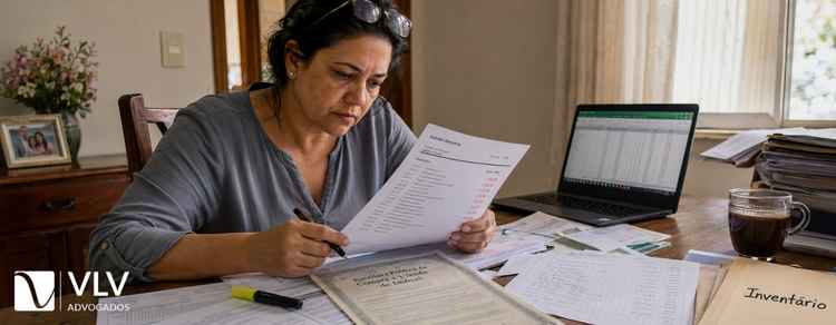 Mulher analisando documentos de inventário com dívidas