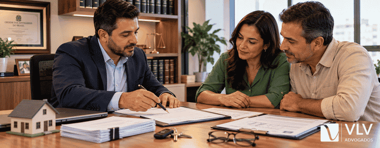 Adjudicação compulsória: sem escritura do imóvel? Resolva! 3 Advogado analisando contrato e matrícula do imóvel com casal.