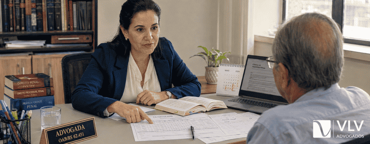 Como funciona a progressão de regime e como calcular? 2 Advogada explicando cálculo da progressão de regime para cliente em escritório.