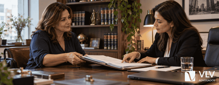 Pensão compensatória: quem tem direito após o divórcio 3 Mulher entregando documentos a advogada durante consulta jurídica sobre pensão compensatória