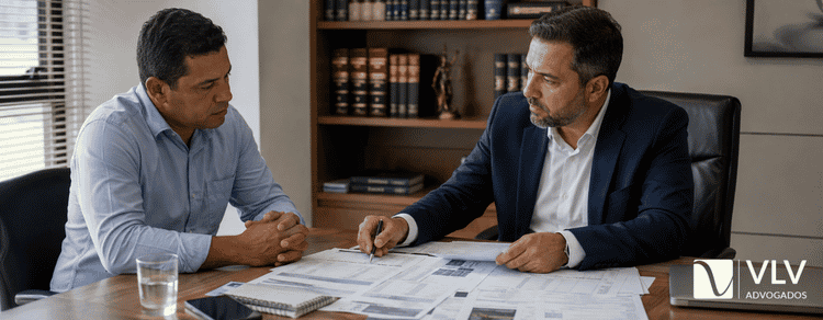 Advogado analisando bloqueio de conta salário com cliente.
