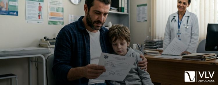 imagem representando homem acompanhando filho durante consulta médica
