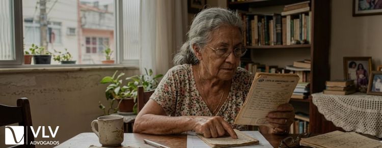 idosa observando carnês antigos do inss para serem usados na aposentadoria