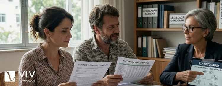 Quanto custa um divórcio em 2026? Guia completo de todas as despesas 3 um casal está sentado à mesa de frente para uma advogada em um escritório, analisando documentos de divórcio