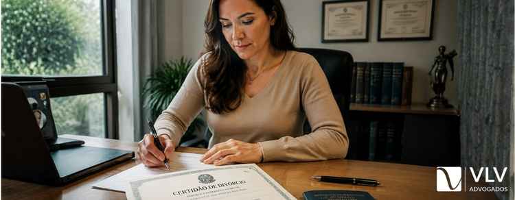 Certidão de divórcio: como emitir? Guia completo! 1 mulher em escritório analisando uma certidão de divórcio sobre a mesa