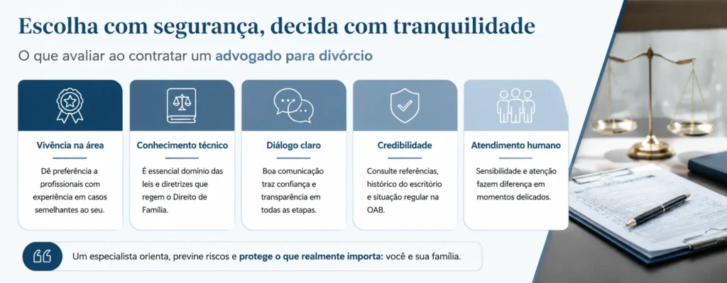 infográfico mostrando critérios essenciais para escolher advogado de divórcio