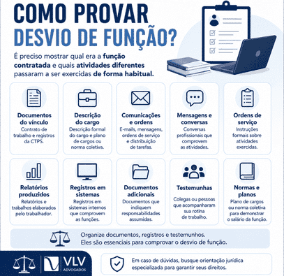 Desvio de função: como provar e qual valor pode ser devido? 2 Infográfico sobre provas de desvio de função no trabalho.