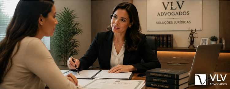 Certidão de divórcio: como emitir? Guia completo! 3 duas mulheres em escritório jurídico durante consulta, analisando documentos de certidão de divórcio sobre a mesa.