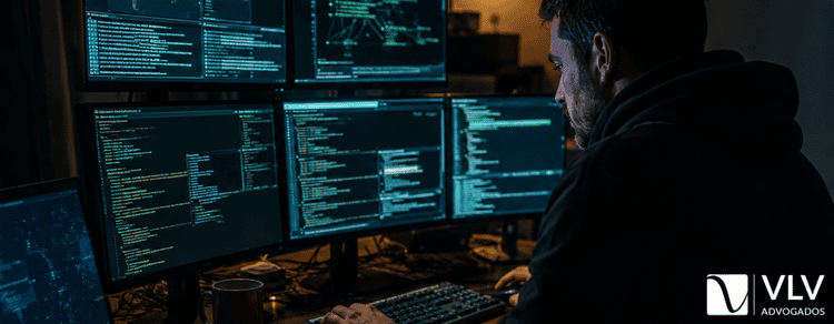 Crime Cibernético: tipos, penas e como denunciar 1 homem com vários computadores cometendo crime cibernético