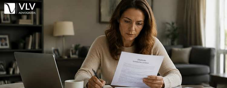 Como enfrentar o divórcio de forma segura? 1 mulher revisando documentos de divórcio em escritório caseiro, concentrada e escrevendo