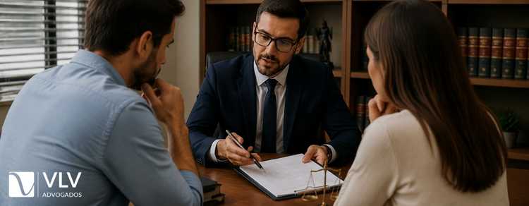 casal recebendo orientação de advogado em escritório sobre documentos e procedimentos para homologação de divórcio