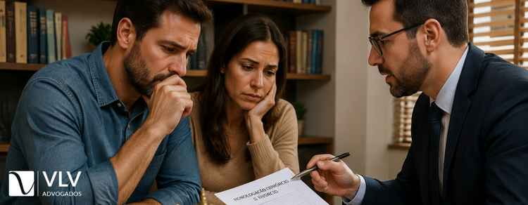 Casal revisando documentos de homologação de divórcio com advogado em escritório