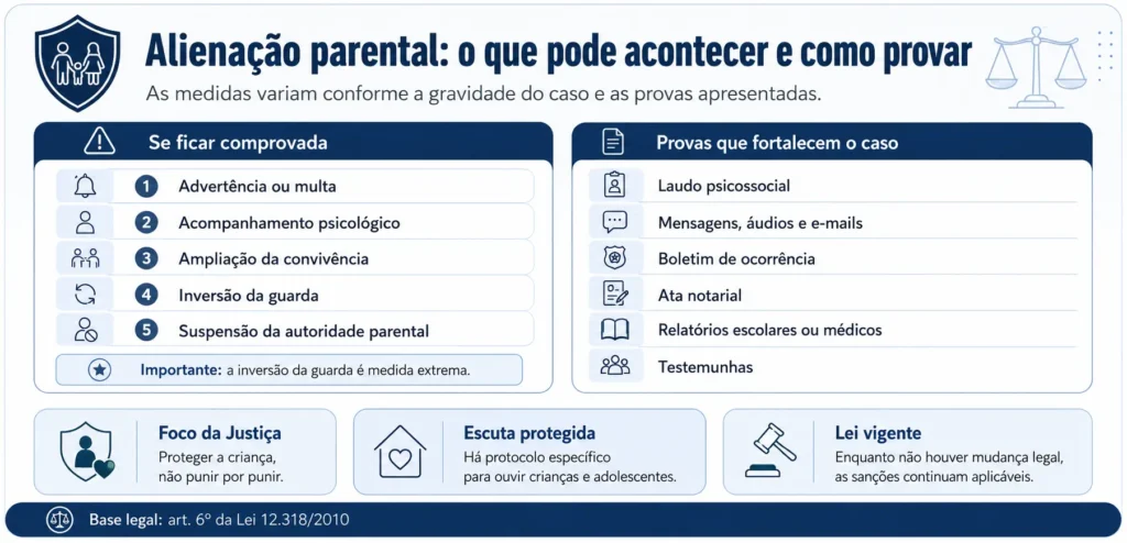 Alienação parental pode levar à perda da guarda: veja quando acontece 2 Infográfico sobre medidas e provas em casos de alienação parental.
