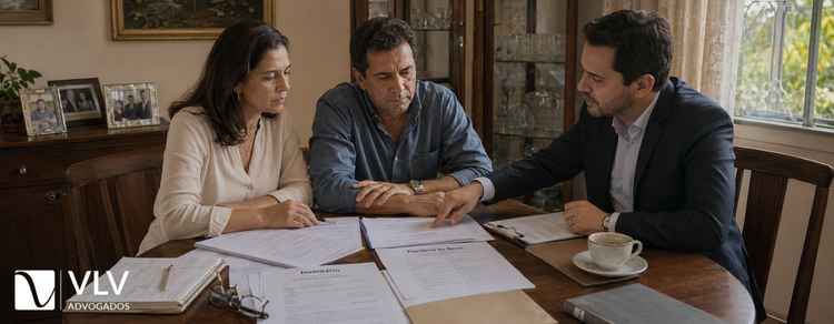 Como fica a herança em caso de falecimento de ambos os pais? 3 Irmãos conversam com advogado sobre inventário e partilha de bens.