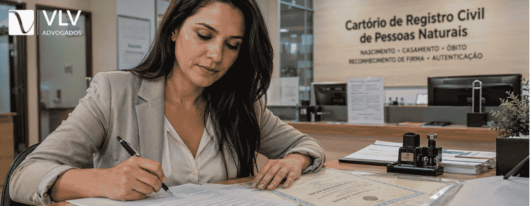 Mudar de nome após o divórcio: veja o passo a passo simples! 3 Mulher assinando documentos de mudança de nome em cartório de registro civil.