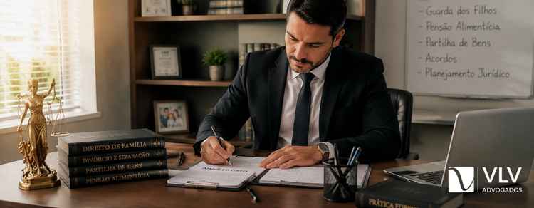 Advogado especialista em divórcio: a melhor forma de proteger os seus direitos! 3 Advogado concentrado revisando documentos de divórcio em escritório e livros jurídicos sobre a mesa.