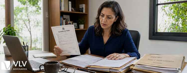 Inventário parado por erro na certidão de óbito. O que fazer? 3 Mulher analisando certidão de óbito com erro