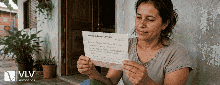 STJ reconhece recibo de compra e venda como justo título para usucapião 3 Mulher segurando recibo de compra e venda na frente de casa simples, representando usucapião por justo título.