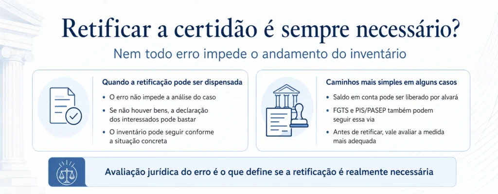Inventário parado por erro na certidão de óbito. O que fazer? 2 Infográfico explica quando a retificação da certidão pode ser dispensada.