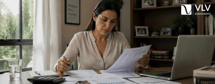 União estável pode gerar alimentos compensatórios: entenda! 3 Mulher revisando documentos legais e planilhas financeiras no fim da uniao estavel