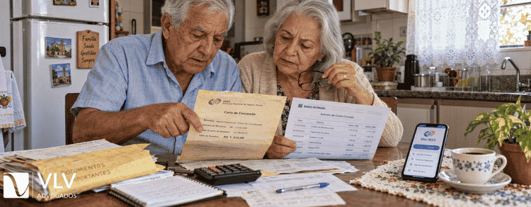 Imagem representando casal de aposentados verificando revisão do teto do INSS. 