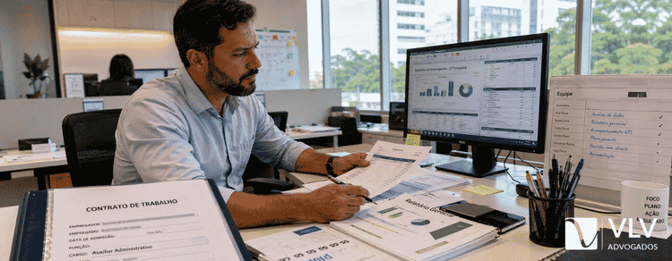 Desvio de função: como provar e qual valor pode ser devido? 3 Trabalhador analisando contrato e atividades antes de decidir processo sobre desvio de função