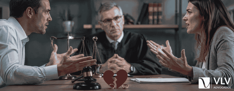 Divórcio Litigioso: como funciona na prática 2 casal discutindo no divórcio litigioso com um mediador mediando a situação