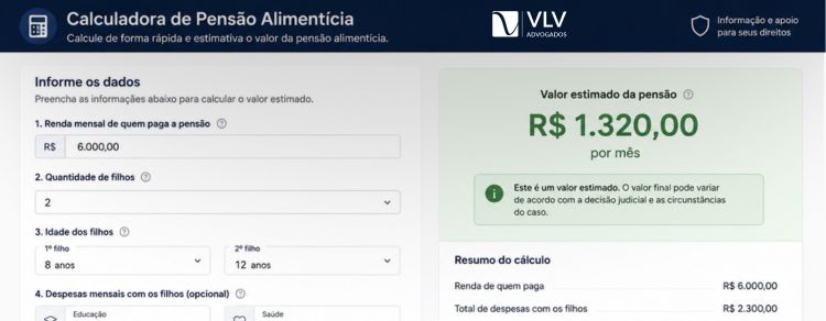 Calculadora de Pensão Alimentícia Online Grátis (2026) 1 imagem de uma calculadora de pensão alimentícia fictícia