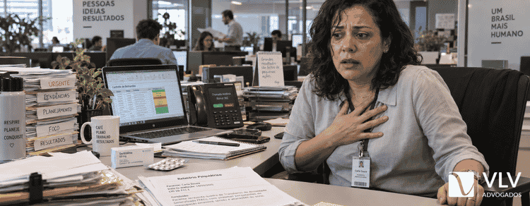 Ansiedade (CID F41) e INSS: quando é possível se aposentar e o que fazer se o pedido for negado 1 Mulher com a mão no peito tendo crise de ansiedade na mesa de trabalho (CID F41)