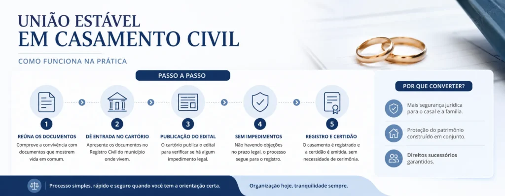 Como converter sua união estável em casamento civil: passo a passo, documentos e custos 2 Infográfico mostrando o passo a passo para converter união estável em casamento civil.