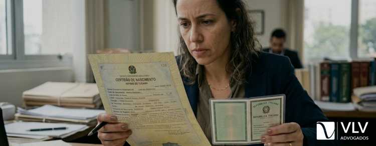 mulher com documentos nas mãos após corrigir o nome do pai na certidão de nascimento