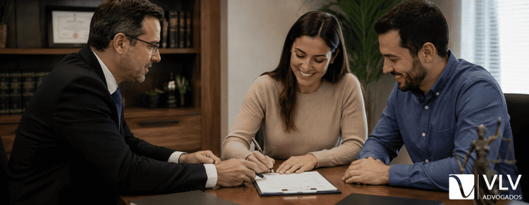 Como realizar um divórcio consensual: etapas do divócio amigável 1 casal assinando o divórcio consensual com o advogado ao lado
