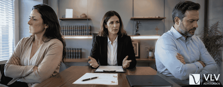 Divórcio Litigioso: como funciona na prática 1 casal de costas, com uma advogada entre eles, representando divórcio litigoso