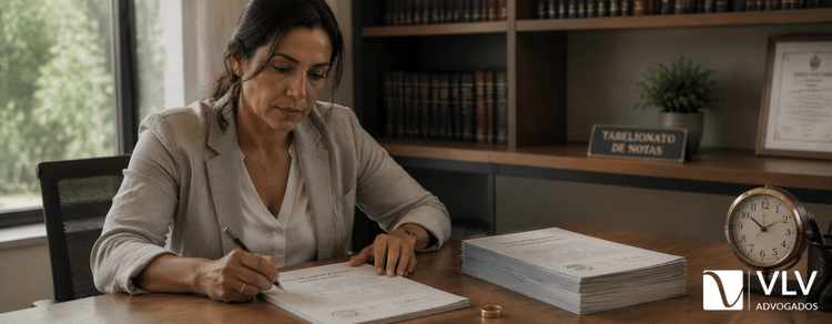 mulher assinando documentos do divórcio