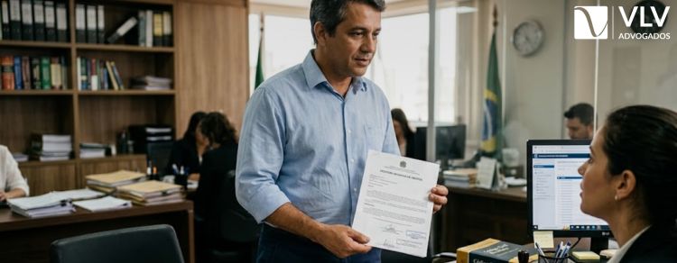 homem apresentando certidão negativa de débitos no inventário extrajudicial