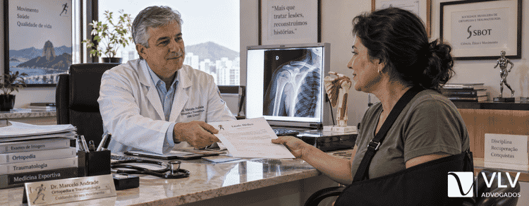 CID M79.6 (dor em membro): quando dá direito a afastamento, auxílio e aposentadoria pelo INSS 3 Médico entregando laudo detalhado a paciente com tipoia no consultório
