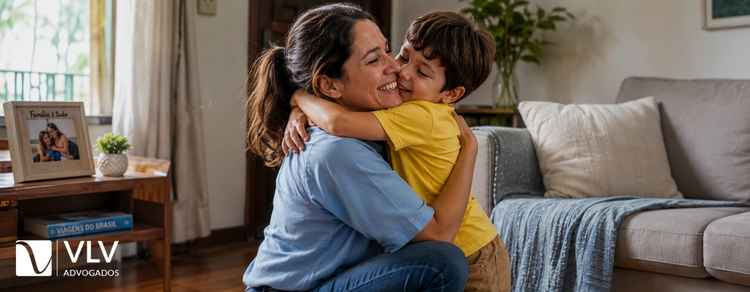 Mãe pode retomar a guarda do filho? veja como reaver 3 Mãe abraçando emocionada o filho pequeno em casa, representando a retomada da guarda do filho.