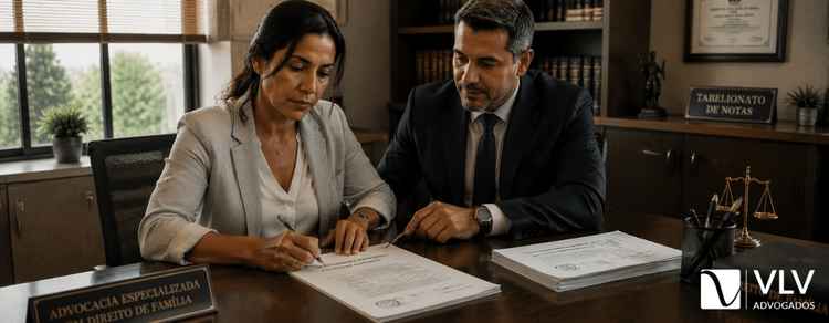 Mulher assinando documentos de divórcio, com advogado ao lado orientando 