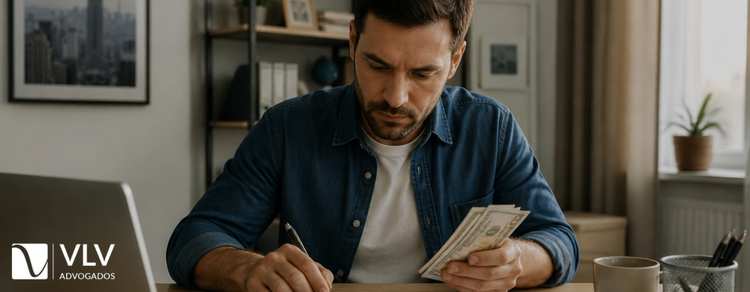 Pensão alimentícia para quem ganha em dólar: quanto custa? 1 Imagem representando homem com dolar na mão calculando pensão alimentícia
