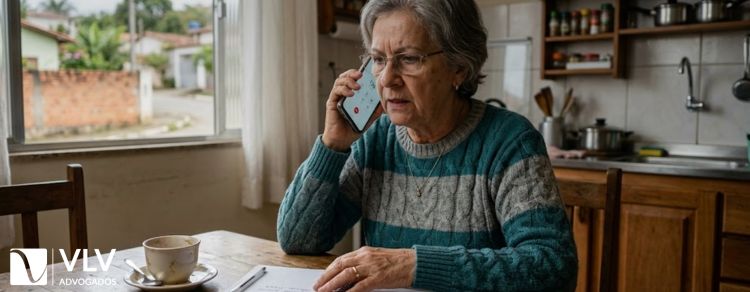 senhora usando o telefone 135 para falar com o INSS