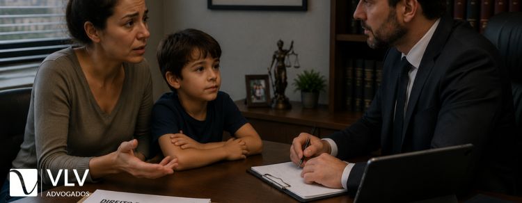 mulher e seu filho conversando com advogado sobre o direito de moradia