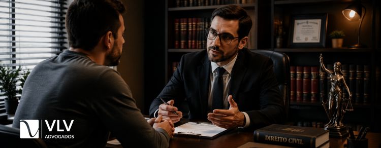 homem conversando com advogado sobre caso de difamação