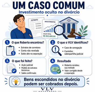Sobrepartilha no divórcio: os bens ficaram de fora? 2 infográfico explicando um caso comum na sobrepartilha no divórcio