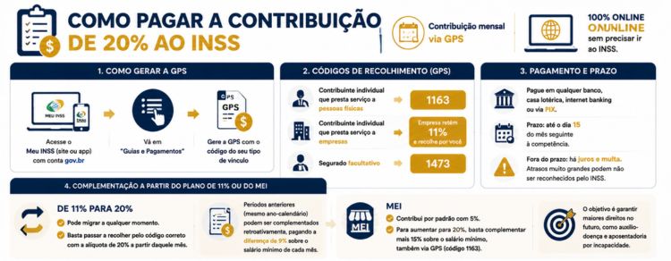infográfico explicando como pagar a contribuição de 20% do INSS
